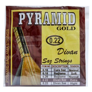 Può includere: Un pacchetto di corde Pyramid Gold Divan Saz, di misura 0,22. La confezione mostra una tabella con le diverse dimensioni e tensioni delle corde.