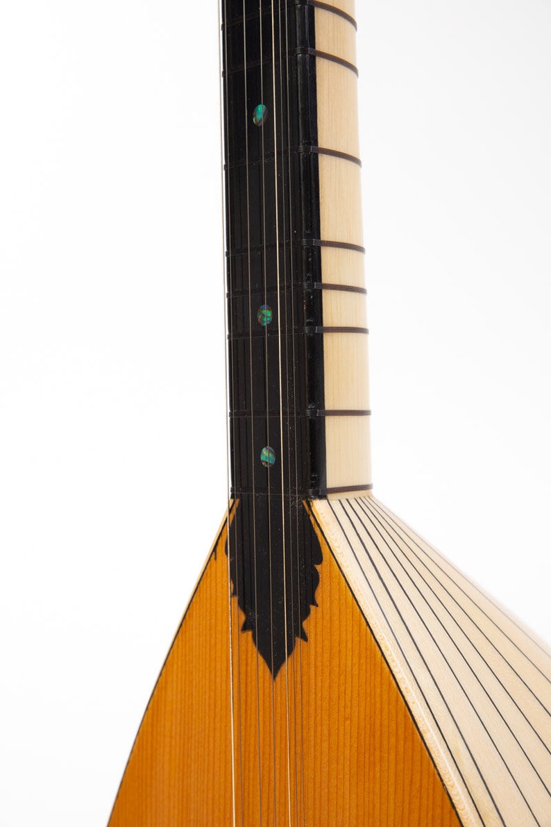 May include: A close-up of the neck and body of a wooden stringed instrument with a triangular body. The neck has black fret lines and decorative inlays. The body is made of light wood with dark wood accents.