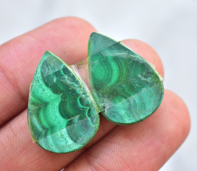 Loose Gemstone B-892 23x15x4 mm Malachite Pair Cabochon High Quality Malachite Pair Gemstone For Earrings Pear Shape 31.10 Ct