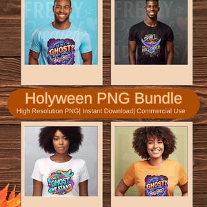 May include: Four photos of people wearing t-shirts with religious-themed graphics. The shirts feature phrases like "The Only Ghost Worth Hyping? Holy Ghost!" and "The Real Spirit in the Holy Ghost!" The images are set against a wooden background.