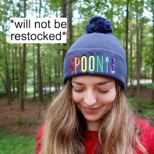 RETIRING DESIGN | Spoonie Rainbow Embroidered Winter Pom-Pom Beanie | Chronic Illness Hat, Spoonie Beanie, Spoonie Gift, Dysautonomia