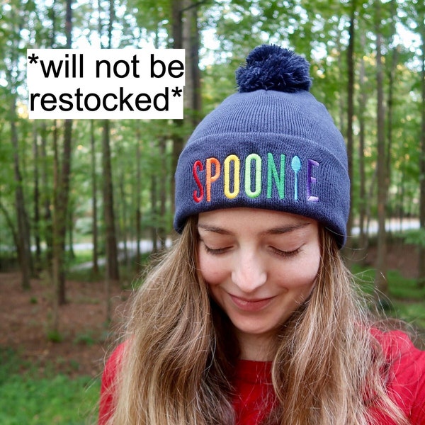 RETIRING DESIGN | Spoonie Rainbow Embroidered Winter Pom-Pom Beanie | Chronic Illness Hat, Spoonie Beanie, Spoonie Gift, Dysautonomia