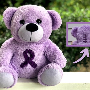 Chiari Malformation "Zipperhead" Awareness 12" Bear | Purple, Awareness Ribbon, Scar Buddy, Chiari Decompression Gift, CCI Surgery