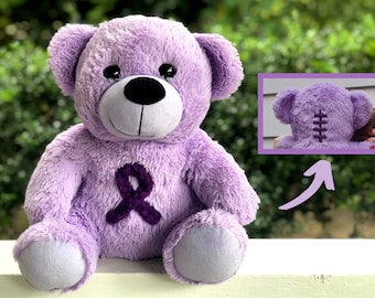 Malformación de Chiari "Zipperhead" Conciencia 12" Oso / Púrpura, Cinta de Concientización, Scar Buddy, Regalo de Descompresión de Chiari, Cirugía CCI