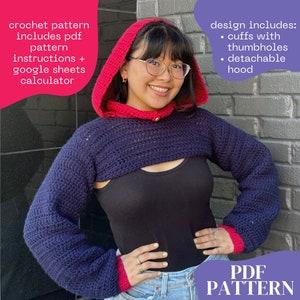 May include: A crochet pattern for a cropped hooded sweater with thumbholes and a detachable hood. The pattern includes instructions and a Google Sheets calculator. The sweater is shown in a dark blue color with a bright pink hood.