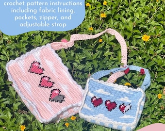 On Cloud 8-Bit Tote Crochet PDF Pattern - Gamer Aesthetics Tote Bag PDF Digital Download - Pixel Hearts Crochet Bag Pattern