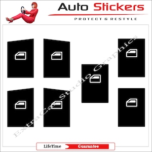 May include: Set of six black window switch covers with a white window icon. The covers are designed to protect and restyle car window switches.
