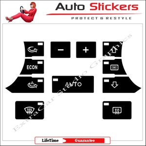 May include: Black and white car control stickers with icons for climate control, including temperature, fan speed, and air recirculation. The stickers are labeled "ECON", "AUTO", and have symbols for up, down, and a circular arrow.