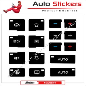May include: Black and white car control button stickers with various symbols, including arrows, plus and minus signs, and the words "ECON", "OFF", and "AUTO".