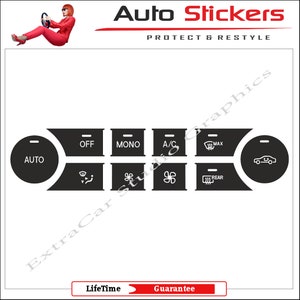 Può includere: Set di adesivi per il pannello di controllo dell'auto in bianco e nero con etichette per AUTO, OFF, MONO, A/C, MAX, REAR e icone per lo sbrinamento, la ventola e un'auto. Il set di adesivi include il testo "Auto Stickers Protect & Restyle" e "LifeTime Guarantee".