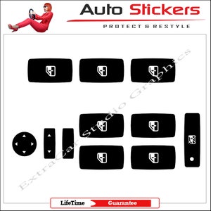 以下が含まれることがあります： 白いアイコンが付いた黒い車の窓スイッチ用ステッカーのセット。ステッカーには、窓の制御、ドアのロック、ミラーの制御のアイコンが含まれています。ステッカーは、車のインテリアを保護し、スタイリッシュにするように設計されています。