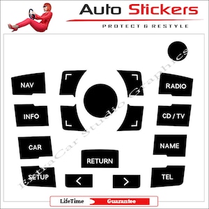May include: Black and white car dashboard button stickers with labels like "NAV", "INFO", "CAR", "SETUP", "RETURN", "RADIO", "CD/TV", "NAME", "TEL", and arrows. The stickers are for customizing a car's dashboard.