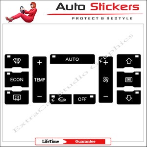 Könnte beinhalten: Schwarz-weiße Aufkleber für das Klimabedienteil im Auto mit Symbolen für Temperatur, Lüftergeschwindigkeit und Luftzirkulation. Die Aufkleber enthalten die Wörter "AUTO", "ECON", "TEMP", "OFF" und "Lebenslange Garantie".