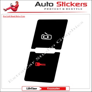 Peut inclure: Ensemble d'autocollants noirs pour voiture avec des graphiques blancs et rouges. L'autocollant supérieur présente une icône de fenêtre de voiture blanche et l'autocollant inférieur une icône de clé rouge. Le texte "Auto Stickers" et "PROTECT & RESTYLE" est en haut. Le texte "For Left Hand Drive Cars" est également présent.
