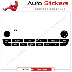 Peut inclure: Ensemble d'autocollants de commande de radio de voiture noir et blanc avec des boutons étiquetés SRC, SCN, BAND, AS, 1 TPM, 2 SLR, PTY, TA AF, MENU, PS, 6, AUDIO et LD. L'ensemble d'autocollants comprend également un bouton de flèche directionnelle et un bouton de lecture.
