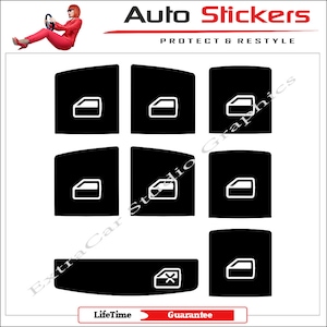 Può includere: Set di adesivi neri per interruttori finestrini con icone di finestrini bianche. Gli adesivi sono progettati per adattarsi ai pulsanti degli interruttori finestrini esistenti. Il set include sei adesivi per interruttori finestrini e un adesivo di blocco/sblocco.