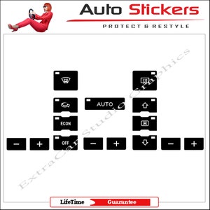 May include: Black and white car control panel stickers with icons for air conditioning, auto, econ, and up, down, left, and right arrows. The stickers are labeled "Auto Stickers" and "Protect & Restyle".