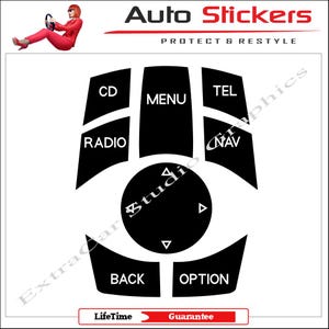 May include: A black sticker set for a car console control panel featuring white text labels for CD, MENU, TEL, RADIO, NAV, BACK, and OPTION. The design includes a central circular button graphic with directional arrows and a surrounding layout.