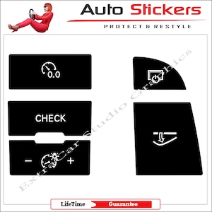 May include: Black and white car dashboard button stickers with icons for check, temperature, and window controls. The stickers are designed to protect and restyle car interiors.
