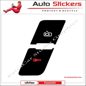May include: Two black car door switch stickers with white icons. The top sticker has a white icon of a car door with a window open. The bottom sticker has a white icon of a key. The stickers are for left-hand drive cars.
