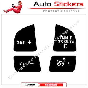 May include: Black car sticker set with white text. The stickers include "SET +", "SET -", "LIMIT CRUISE 0", and a speedometer icon. The top of the image reads "Auto Stickers PROTECT & RESTYLE".