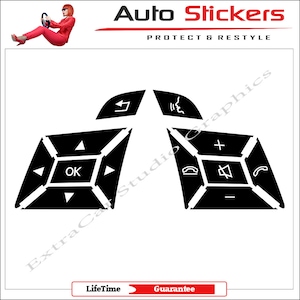 May include: Black and white car steering wheel control stickers with symbols for volume, phone, and navigation. The stickers are designed to fit over existing buttons.
