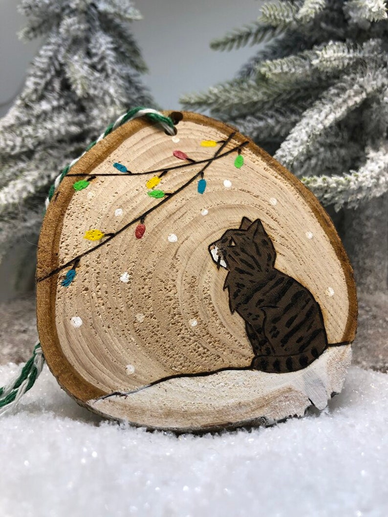 Chat tigré marron assis dans la neige sous une guirlande électrique avec des flocons de neige qui tombent.