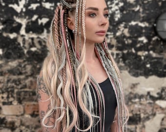 Pastel Pink and Grey set of double ended dread extensions, festival hair, faux locs