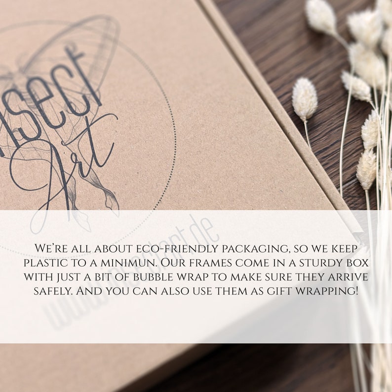 May include: A brown cardboard box with the text "Insect Art" and the text "We're all about eco-friendly packaging, so we keep plastic to a minimum. Our frames come in a sturdy box with just a bit of bubble wrap to make sure they arrive safely. And you can also use them as gift wrapping!"