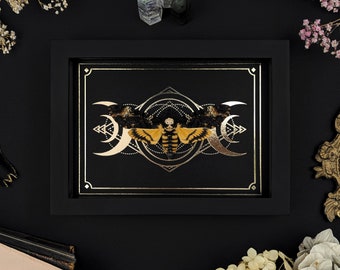 Véritable encadré tête de mort papillon de nuit feuille d'or tarot lune impression en noir boîte d'ombre cadre papillon décoration murale gothique maison