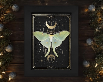 Framed Luna Moth Taxidermy: Gold Star Tarot Print Gothic Wall Decor