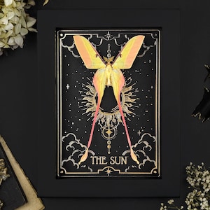 Può includere: Una carta dei tarocchi incorniciata con un design dorato che presenta una farfalla gialla e rosa con gambe lunghe e sottili. La carta è intitolata "THE SUN".