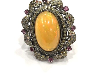 Ethopian Opal Ring, Yellow Fire Opal Ring, Opal and Sapphire Ring , Yellow Sapphire Ring , Tourmaline Ring, Promise Ring, Opal Wedding Ring,