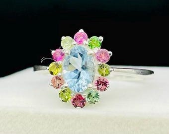 Anello Contorno In Oro Bianco 18k Con Diamanti E Acquamarina Ovale | GV - Foto 6