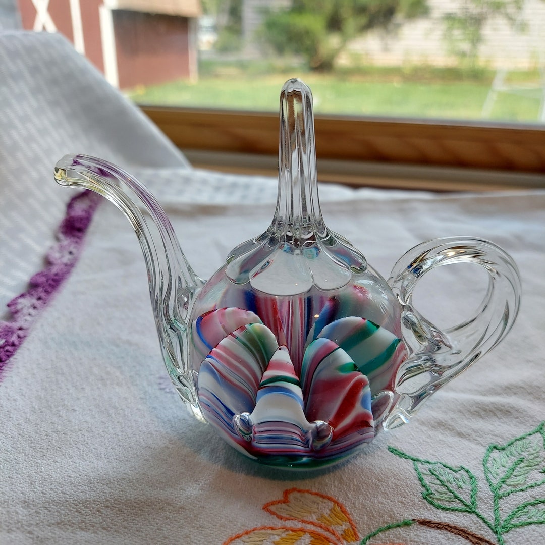 Art Glass Paperweight Teapot Joe St Clair Pink Green White Etsy