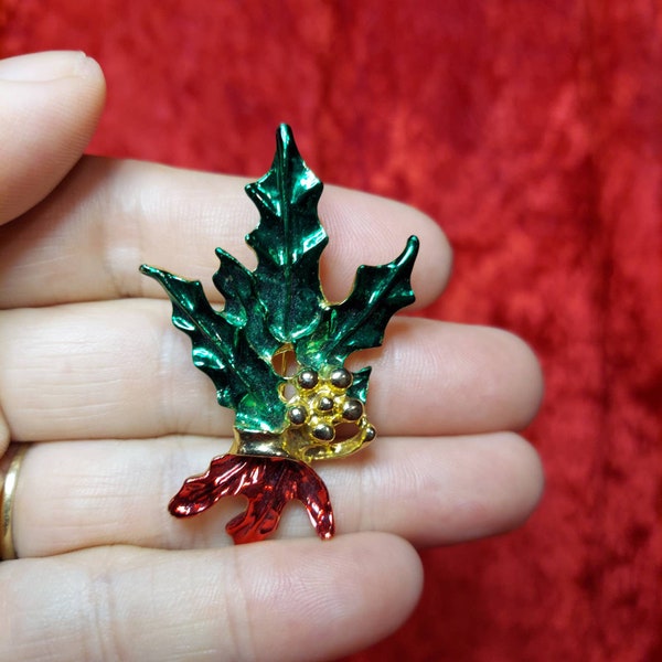 Vintage Ivy Red Green Gold Brooch - Festive Sparkly Christmas Pin Holiday Bling