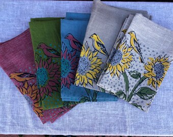 Torchon de linge, sérigraphié avec tournesols et pinsons d’or