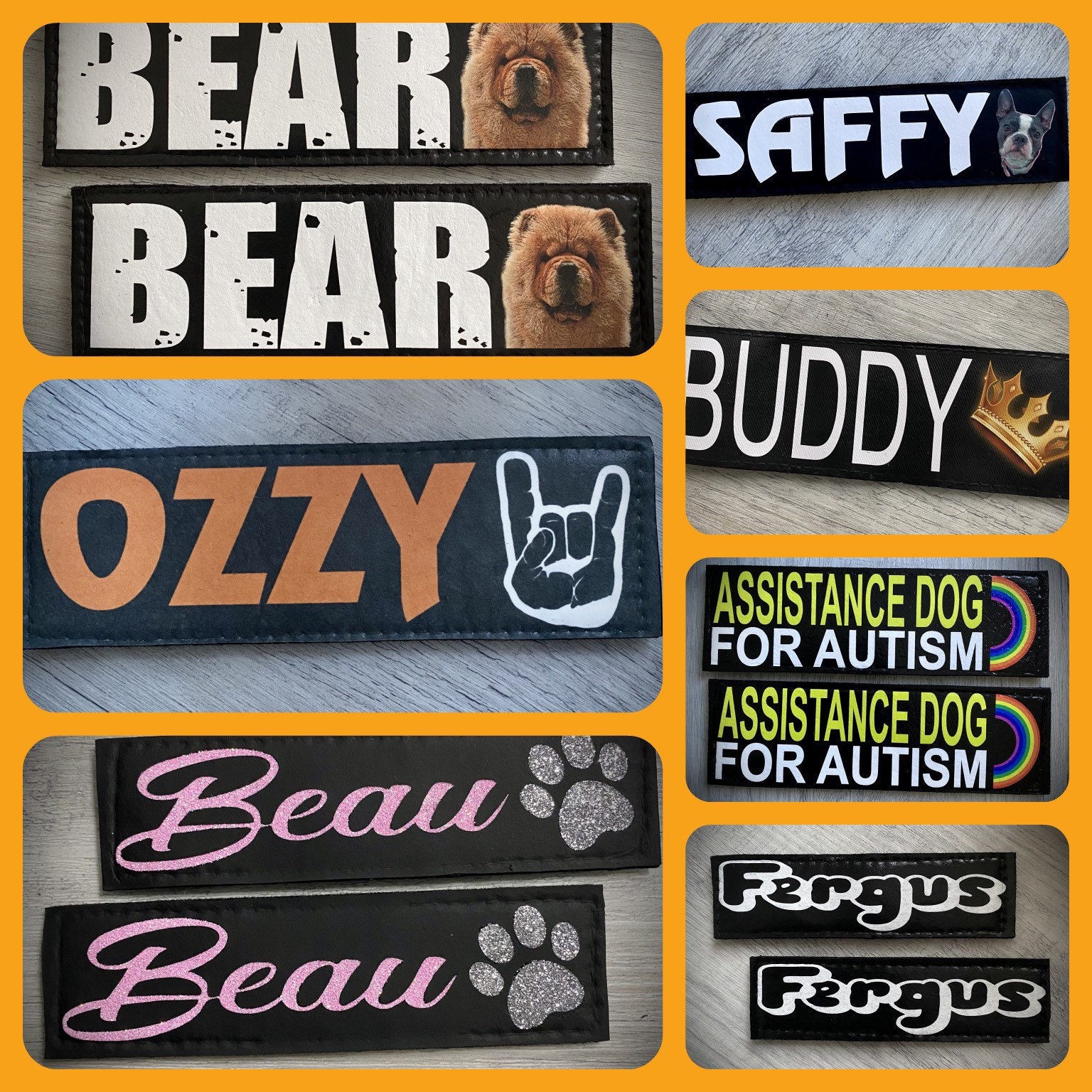 2 Embroidered Dog Name Patches, Velcro, Personalised Text/design