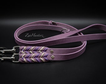 Dog leash made of lilac-coloured grease leather / double leash / 3-way adjustable