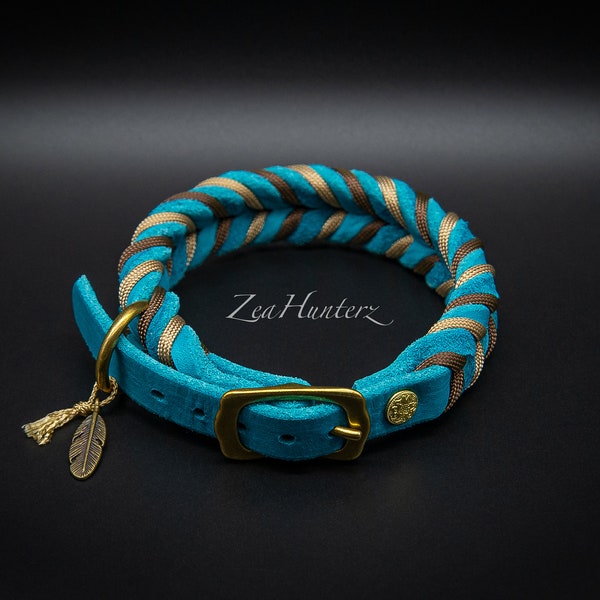 IMMEDIATE PURCHASE - Adjustable dog collar made of turquoise fat leather