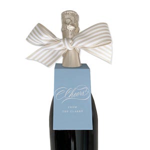 May include: A dark glass champagne bottle with a light blue tag that reads "Cheers" in cursive script. A striped bow in cream and white is tied around the neck of the bottle. The tag also includes the text "From The Clarks".