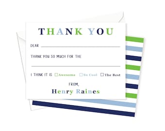 Boys Thank You Notecards   | Thank you notes for Kids  |   Fill in the blank thank you Notes  |  Boys Personalized Notecards