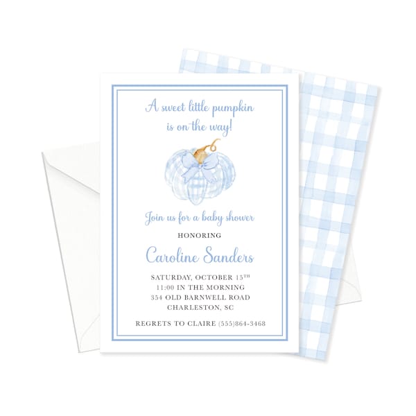 Baby Boy Shower Invitations  |  Watercolor Gingham Pumpkin |  Printed Baby Shower Invitations   |   Digital Baby Shower Invitation