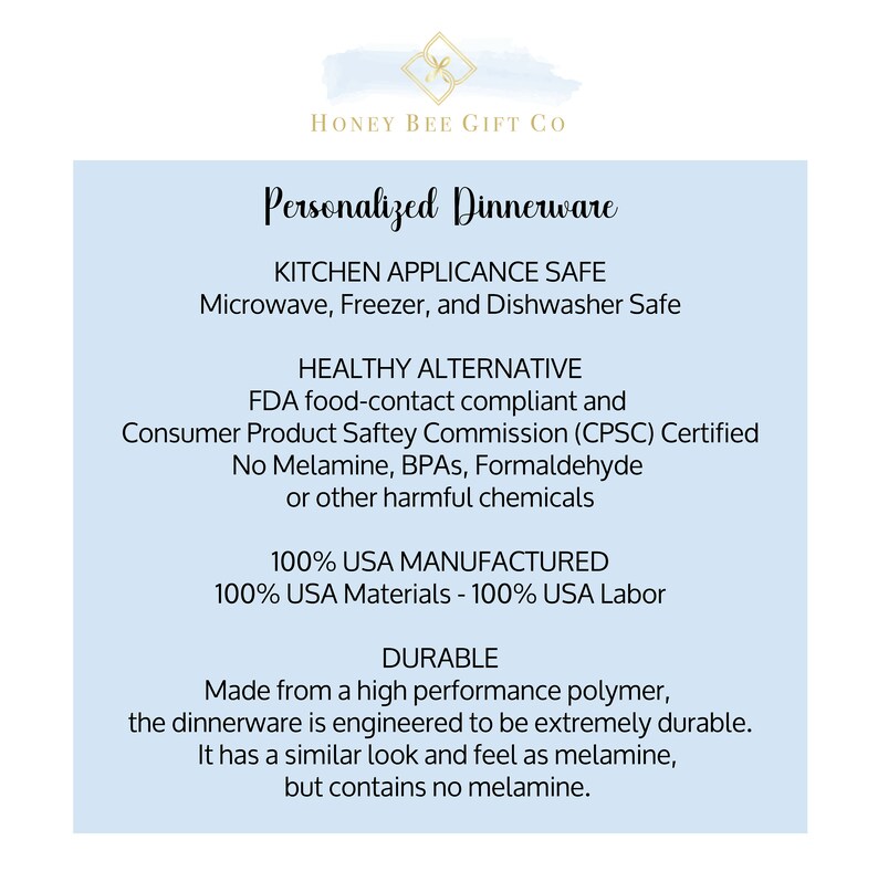 May include: A blue and white text graphic on a white background. The text reads "Personalized Dinnerware" and lists features such as "Kitchen Appliance Safe", "Healthy Alternative", "100% USA Manufactured", and "Durable".