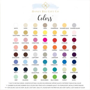May include: A color chart from Honey Bee Gift Co. displays a variety of colors, including white, ivory, cream, and black. The chart includes color names like "Blush," "Fuchsia," and "Turquoise."