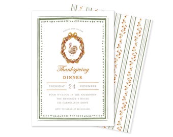 Puede incluir: Invitación a una cena de Acción de Gracias con una ilustración de pavo dentro de una corona. La invitación está bordeada con una línea verde punteada e incluye el texto "Thanksgiving Dinner" y la fecha, jueves 24 de noviembre.