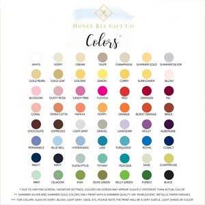 Puede incluir: Una tabla de 48 muestras de color con nombres para cada color. Los colores est&aacute;n dispuestos en filas y columnas. La tabla est&aacute; titulada "Honey Bee Gift Co. Colors".