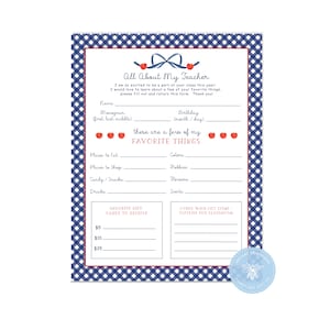 Teacher&#39;s Favorites  Printable |  Teacher Favorites Instant Download  |  Teacher  Questionnaire  |  Get to Know the Teacher Printable