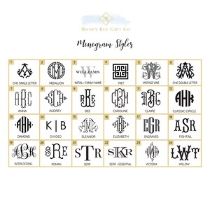 Op de afbeelding: Een grafiek met 24 verschillende monogram-stijlen met voorbeelden van elke stijl. De stijlen omvatten Chic Single Letter, Medallion, Initial + Family Name, Fret, Vintage Vine, Chic Double Letter, Anna, Audrey, Bee, Caroline, Claire, Classic Circle, Diamond, Divided, Eleanor, Elizabeth, Engraved, Fishtail, Interlocking, Roman, Serif, Serif + Essential, Victoria en Willow.