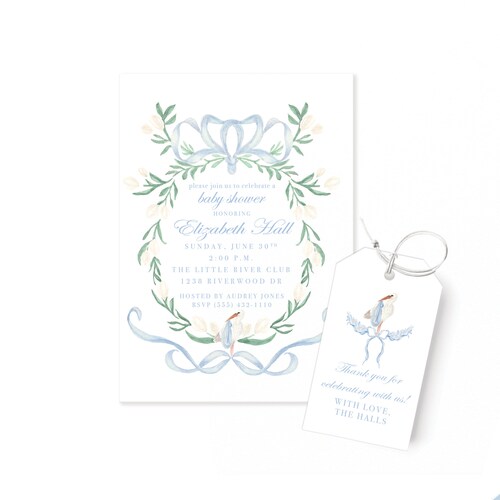 Baby Boy Shower Invitations Watercolor Crest and Stork Etsy